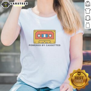 Alt Text: Nice Powered By Cassettes Ladies Tee featuring a stylish design with vibrant cassette graphics on a comfortable fit.