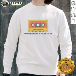 Nice Powered By Cassettes Sweatshirt featuring a retro cassette design in a cozy, stylish fit for music lovers.