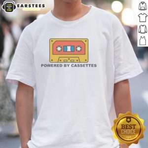 Alt Text: Nice Powered By Cassettes T-Shirt featuring a retro cassette design, perfect for music lovers and vintage style enthusiasts.