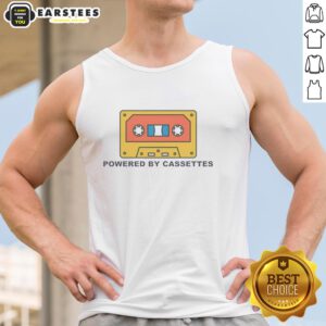 Nice Powered By Cassettes Tank Top featuring a retro cassette design in vibrant colors, perfect for music lovers.