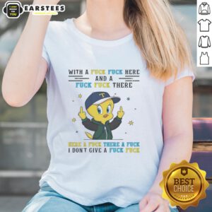 Funny ladies tee featuring a Tweety Bird giving the middle finger with 'Fuck' text in a playful design.