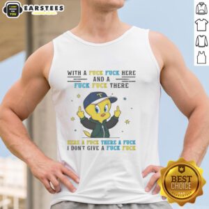 Funny Tweety Bird graphic tank top featuring a middle finger and playful profanity design for humorous style.