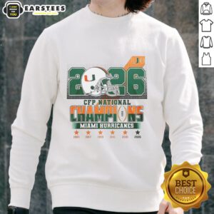 Alt Text: Original Miami Hurricanes CFP National Champions 2026 helmet sweatshirt featuring team colors and logo.