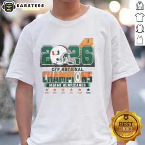 Original Miami Hurricanes CFP National Champions 2026 helmet T-shirt featuring vibrant team colors and logo.