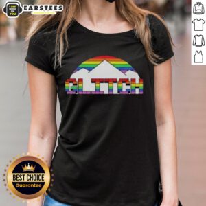 Alt Text: Premium Glitch Denver Nuggets Basketball Pride Mountain Ladies Tee in vibrant colors, perfect for fans and casual wear.