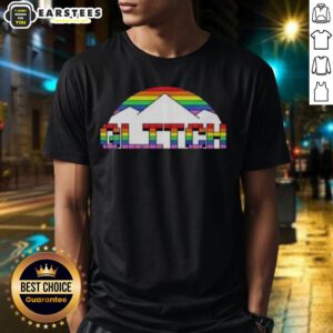 Alt Text: Premium Glitch Denver Nuggets Basketball Pride Mountain T-Shirt featuring vibrant colors and bold team graphics.
