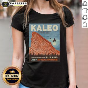 Premium Kaleo Red Rocks 2026 poster on a stylish ladies tee, showcasing vibrant design and concert memorabilia.