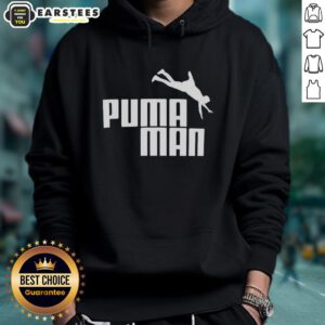 Alt Text: Premium Puma Man logo parody hoodie featuring a playful twist on the iconic design in stylish black and white.
