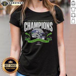 Premium Seattle Seahawks 2025-2026 NFC Championship Ladies Tee showcasing team pride and championship spirit.
