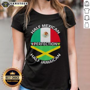 Top half Mexican flag, bottom half Jamaican flag mashup on a ladies tee, perfect for cultural pride and unity.
