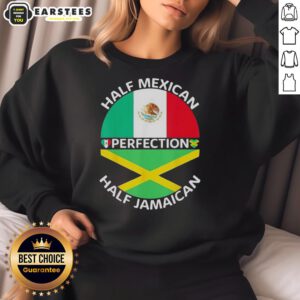 Top half Mexican, bottom half Jamaican flag mashup sweatshirt design showcasing vibrant colors and cultural pride.