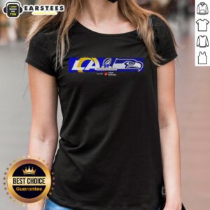 2026 NFC Championship matchup logo featuring Los Angeles Rams vs Seattle Seahawks on a ladies tee shirt.