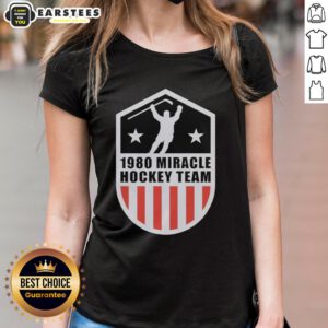 Vintage 1980 Miracle Hockey Team ladies tee featuring iconic USA Hockey Team design, perfect for sports enthusiasts.