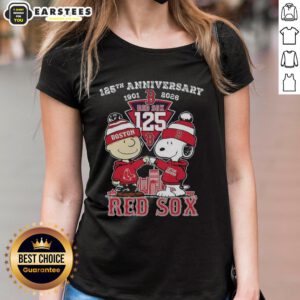 Alt Text: Ladies tee featuring Boston Red Sox, Charlie Brown, and Snoopy for the 125th anniversary 1901-2026.