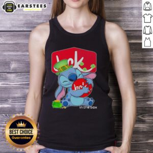 Alt Text: Cute Stitch hugging a Jack in the Box logo on a Happy St. Patrick's Day tank top design.