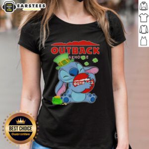 Alt Text: Cute Stitch hugging Outback Steakhouse logo on a Happy St. Patrick's Day ladies tee shirt design.