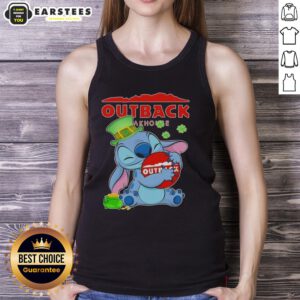 Alt Text: Cute Stitch hugging the Outback Steakhouse logo on a Happy St. Patrick's Day tank top design.