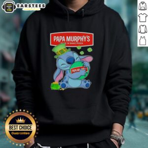 Adorable Stitch hugging the Papa Murphy's logo on a Happy St. Patrick's Day hoodie design for festive spirit.