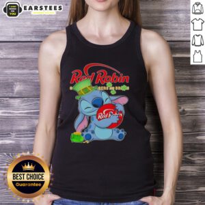 Alt Text: Cute Stitch hugging a red robin logo on a Happy St. Patrick's Day tank top design for festive celebrations.
