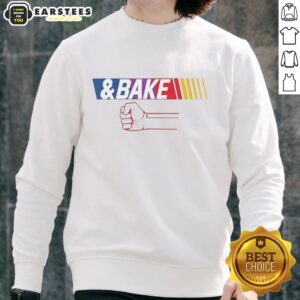 Funny dad and kid in matching Shake and Bake sweatshirts, showcasing playful family style and humor.