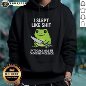 Alt Text: Funny grumpy tired frog choosing violence hoodie design with vibrant colors and humorous expression.