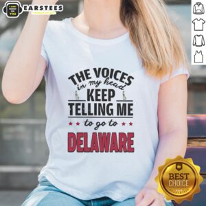 Funny 'The Voices In My Head Keep Telling Me To Go To Delaware' ladies tee featuring a playful design in vibrant colors.