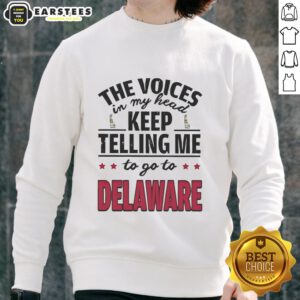 Funny sweatshirt featuring the phrase 'The Voices In My Head Keep Telling Me To Go To Delaware' in playful font.