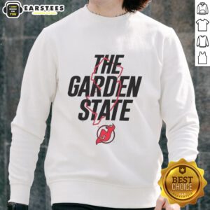 Nice New Jersey Devils sweatshirt featuring Garden State outline, perfect for fans of NHL hockey and New Jersey pride.
