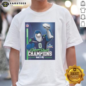 Alt Text: Nice Seahawks Super Bowl Champs mascot trophy T-shirt featuring vibrant graphics and team colors for fans.