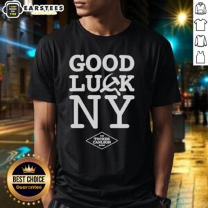Awesome Good Luck Ny Tucker Carlson Show T-Shirt featuring a bold hammer and sickle design, perfect for political enthusiasts.