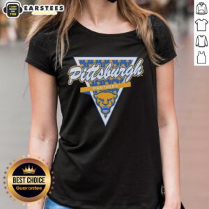 Alt Text: Pittsburgh Panthers football ladies tee featuring a palm tree pattern inside a triangle logo design.