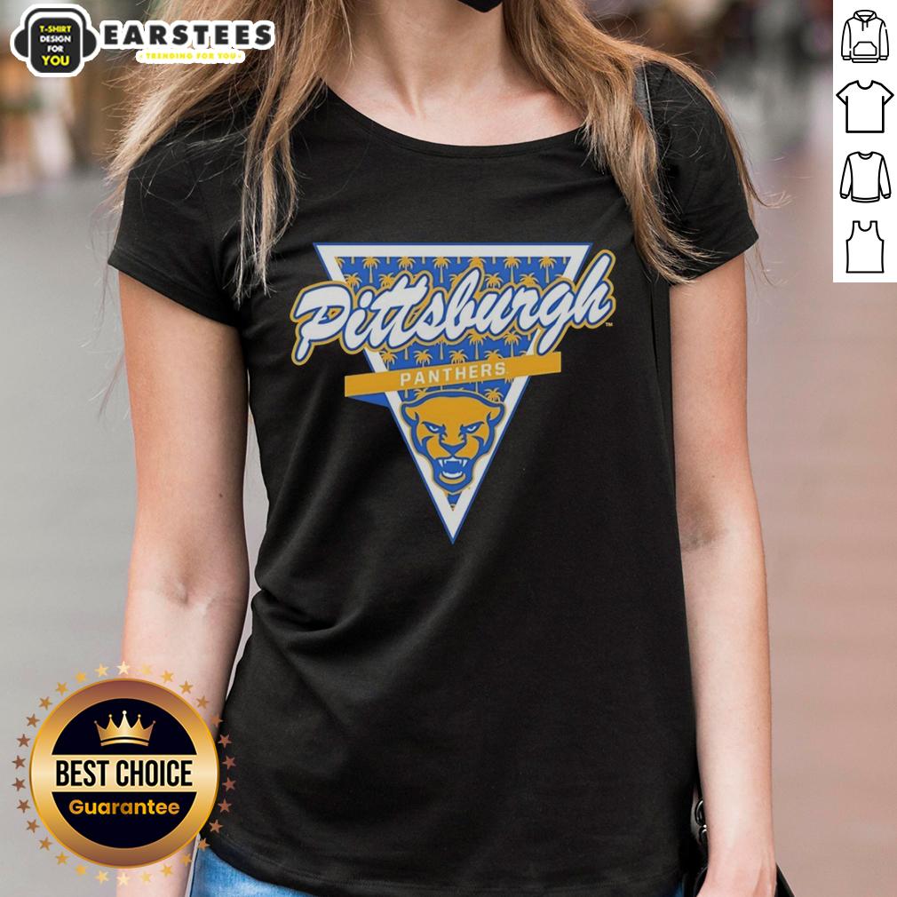 Alt Text: Pittsburgh Panthers football ladies tee featuring a palm tree pattern inside a triangle logo design.