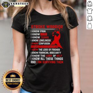 Red Ribbon Ladies Tee featuring 'Awesome Stroke Warrior I Know Pain I Know Fear I Know Tears' design.