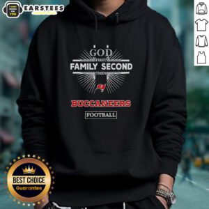 Awesome Tampa Bay Buccaneers hoodie featuring 'God First, Family Second, Then Buccaneers Football' design.