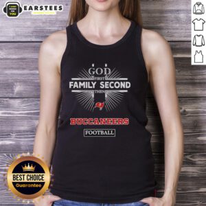 Stylish Tampa Bay Buccaneers tank top featuring 'God First, Family Second, Then Buccaneers Football' design.