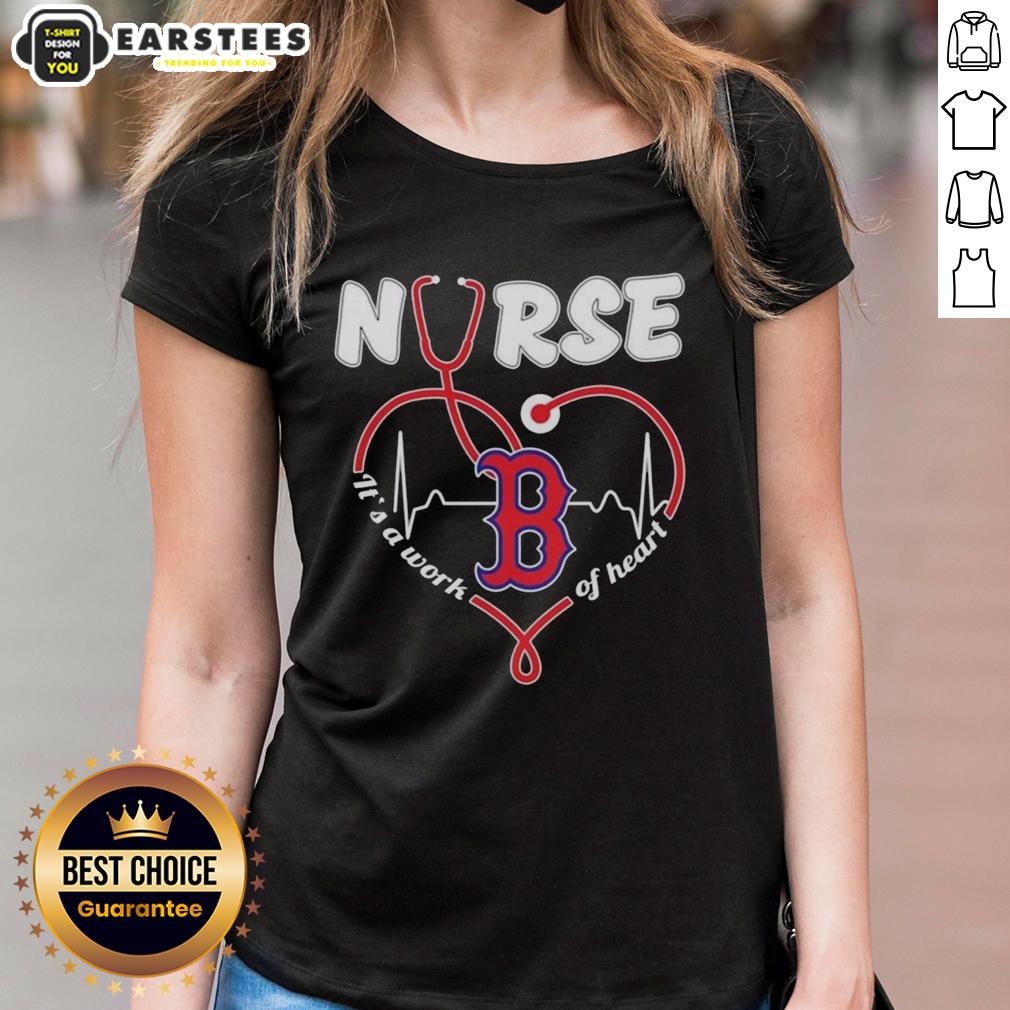 Boston Red Sox MLB nurse tee featuring a stethoscope and 'It's a Work of Heart' design for dedicated fans.