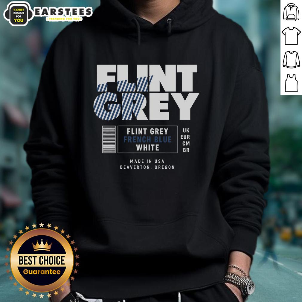 Alt Text: Good Flint Grey French Blue White Label Hoodie displayed on a hanger, showcasing its stylish design and colors.