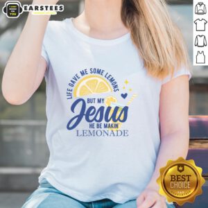Good Life Gave Me Lemons But My Jesus Makes Lemonade Ladies Tee design showcasing a vibrant, uplifting graphic.