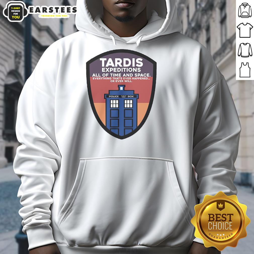 Good Tardis Expeditions hoodie featuring a police box design, perfect for fans of time and space adventures.