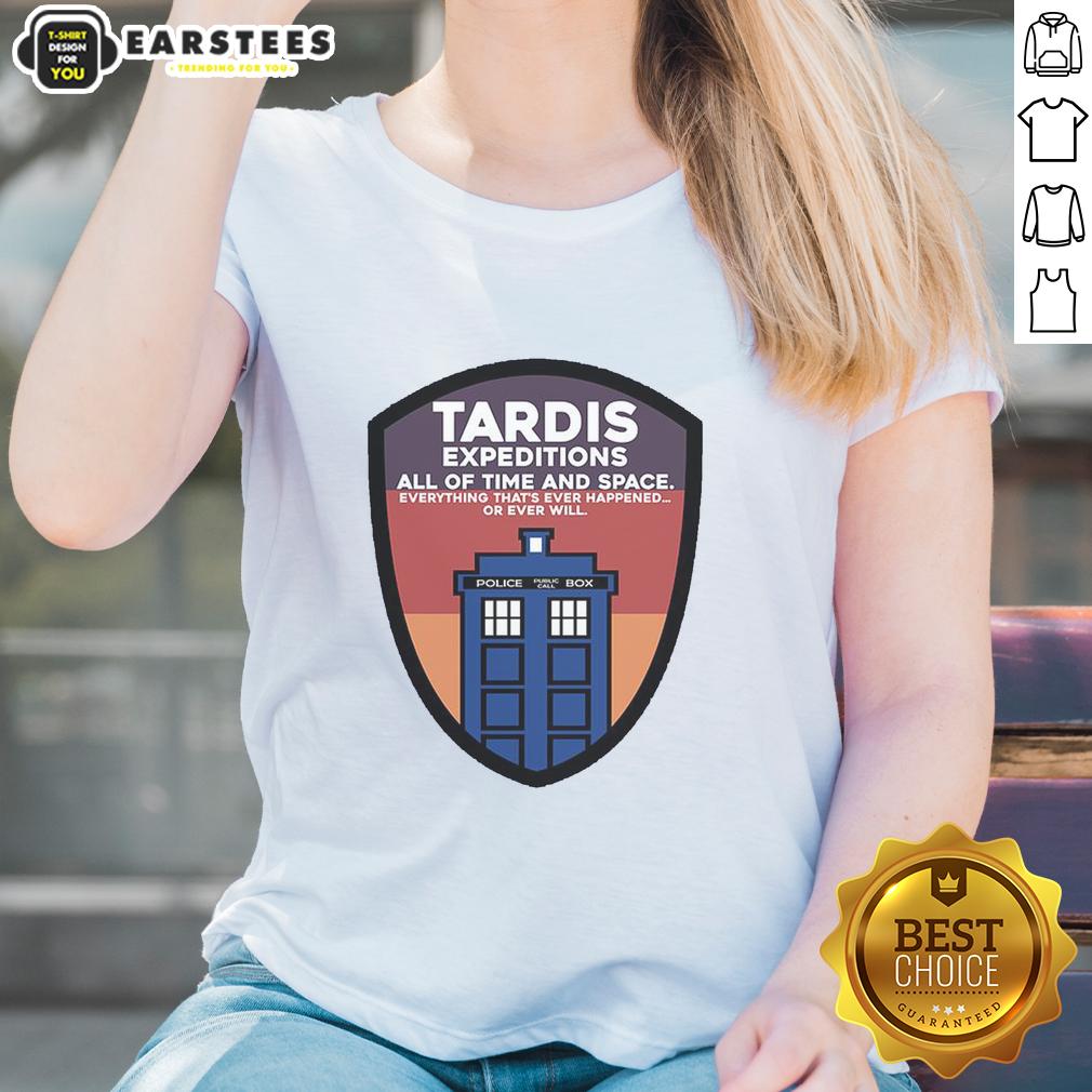 Good Tardis Expeditions Police Call Box Ladies Tee featuring a colorful design inspired by time and space travel.