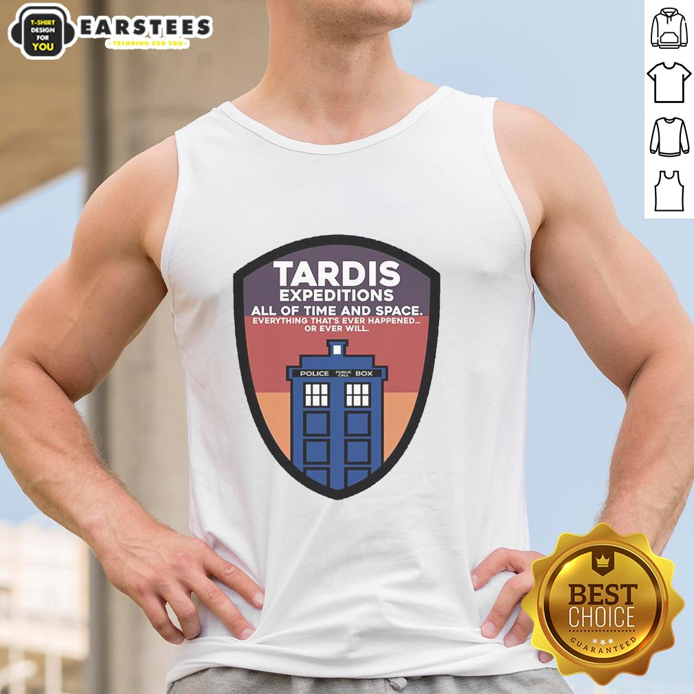 Good Tardis Expeditions tank top featuring a police call box design, perfect for fans of time and space adventures.
