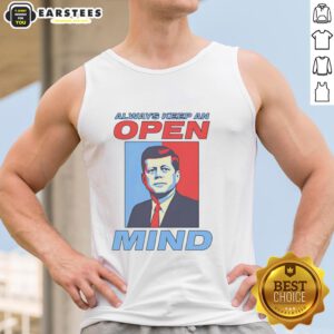 Alt Text: Retro tank top featuring a portrait of John F. Kennedy with the quote Always Keep an Open Mind for stylish expression.