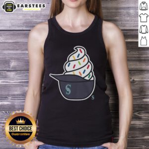 Alt Text: Woman wearing a Nice Seattle Mariners ice cream tank top at a summer baseball game, showcasing team spirit.