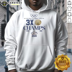 Alt Text: Men's ice hockey hoodie celebrating Nice USA Hockey as 2026 Olympic 3x champions, featuring bold graphics and team colors.