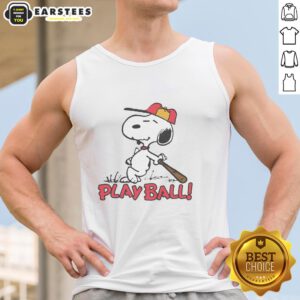 Alt Text: Official Peanuts Snoopy Play Ball Raglan Tank Top featuring Snoopy in a playful baseball design on a stylish tank.