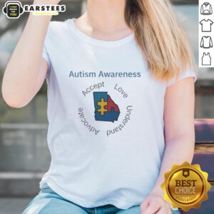 Alt Text: Premium Autism Awareness Georgia puzzle piece tee for ladies, promoting acceptance, love, understanding, and advocacy.