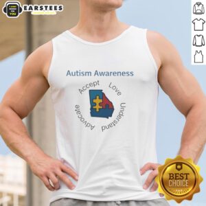 Premium Autism Awareness Georgia tank top featuring a colorful puzzle piece design with 'Accept, Love, Understand, Advocate' slogan.