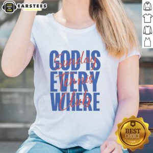 Pretty Sunday Tennis Club ladies wearing 'God Is Everywhere' tees on the court, enjoying a sunny day of tennis.