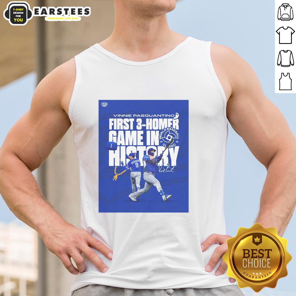 Vinnie Pasquantino in a tank top celebrates his historic 3-homer game at the 2026 World Baseball Classic.