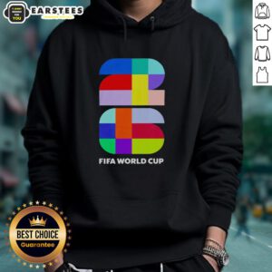 Awesome FIFA 2026 World Cup colour logo emblem hoodie featuring vibrant graphics and a comfortable design.